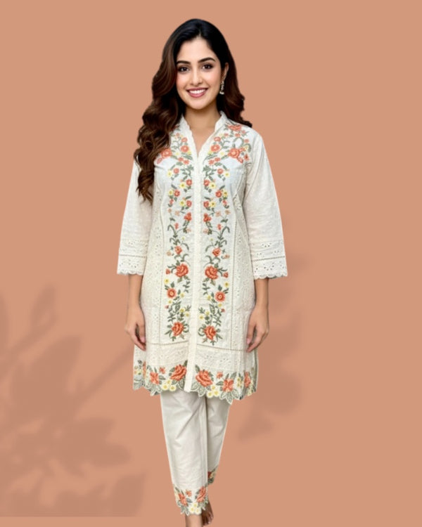 Ivory Floral Thread Embroidered (Kurta + Pants)
