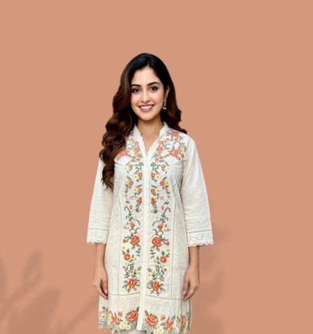 Ivory Floral Thread Embroidered (Kurta + Pants)