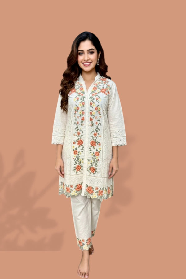 Ivory Floral Thread Embroidered (Kurta + Pants)