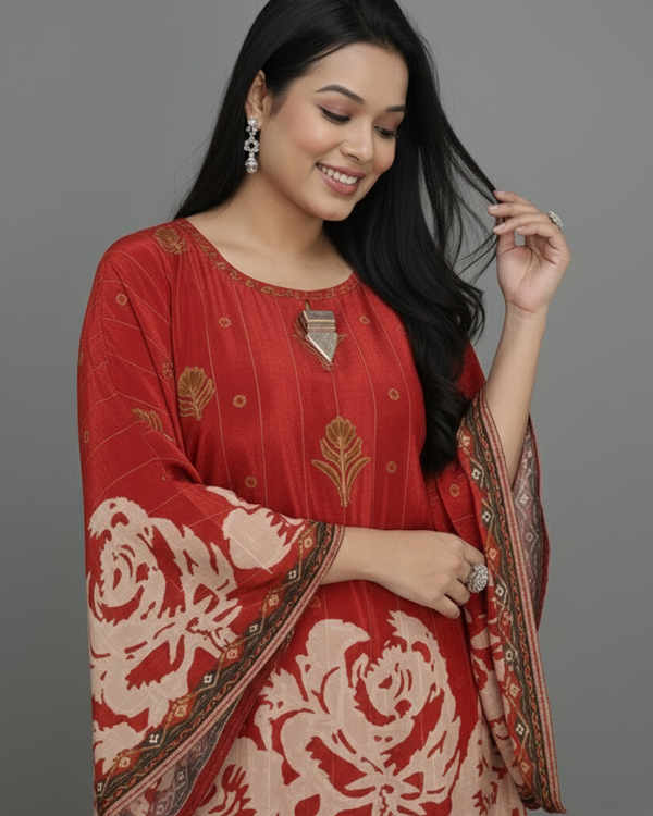 Red Velvet Hand-Embroidered Set for Women