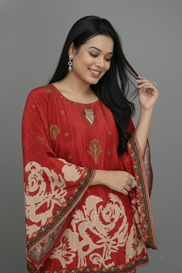 Red Velvet Hand-Embroidered Set for Women