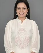 White Pastel Pink Thread Embroidered Kurti with Pants