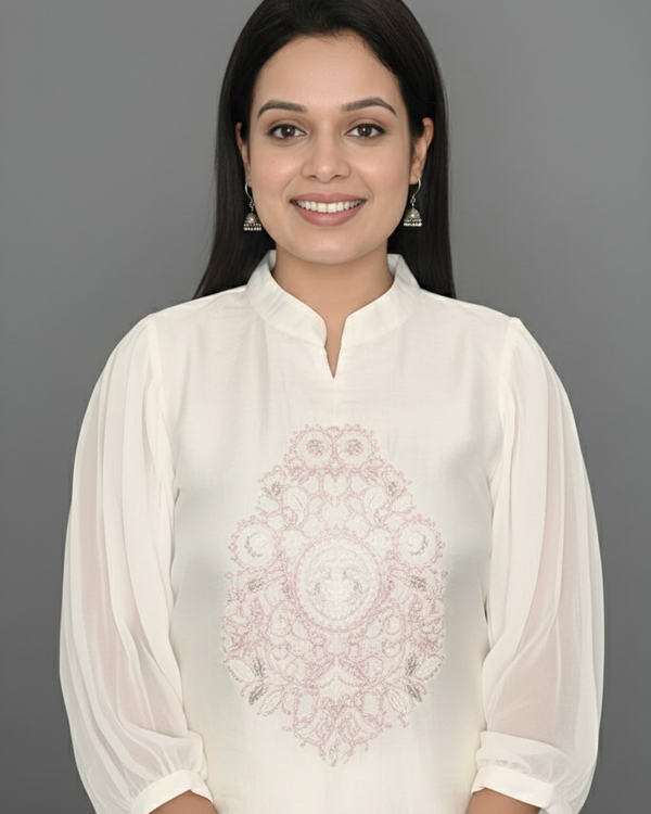 White Pastel Pink Thread Embroidered Kurti with Pants