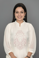 White Pastel Pink Thread Embroidered Kurti with Pants