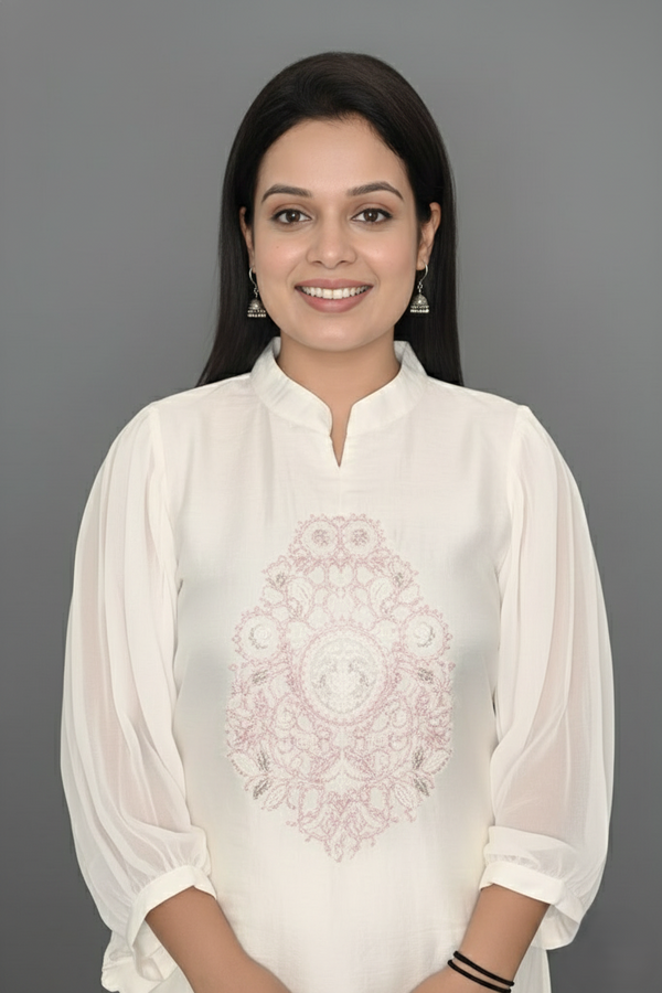 White Pastel Pink Thread Embroidered Kurti with Pants
