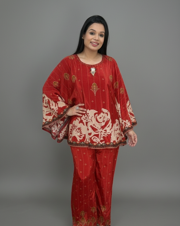 Red Velvet Hand-Embroidered Set for Women