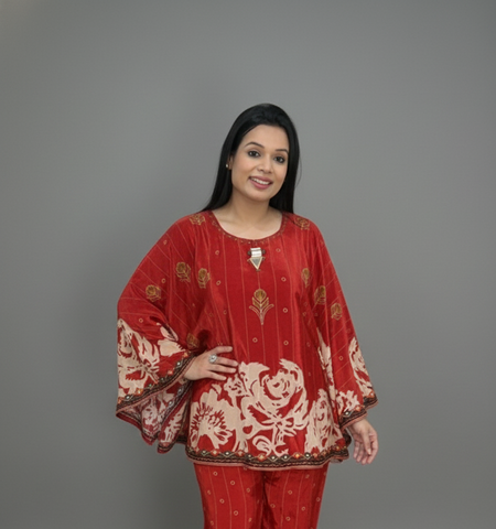 Red Velvet Hand-Embroidered Set for Women