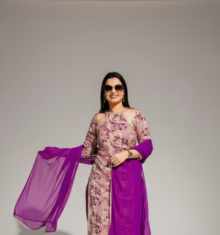 Purple Floral Embroidered Suit for Women