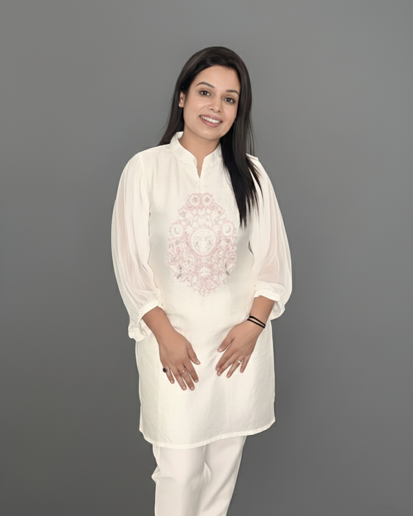 White Pastel Pink Thread Embroidered Kurti with Pants
