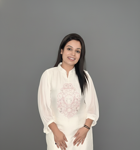 White Pastel Pink Thread Embroidered Kurti with Pants