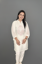 White Pastel Pink Thread Embroidered Kurti with Pants