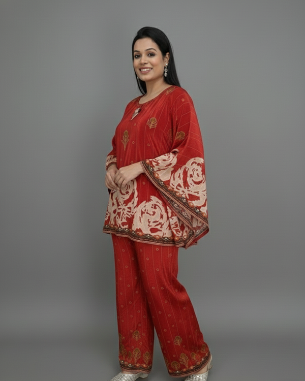 Red Velvet Hand-Embroidered Set for Women