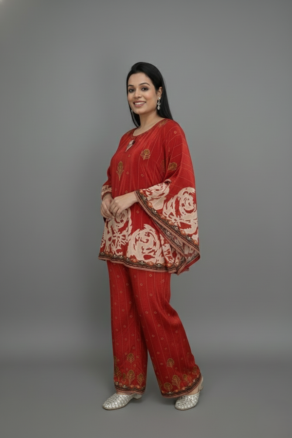 Red Velvet Hand-Embroidered Set for Women