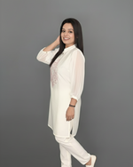 White Pastel Pink Thread Embroidered Kurti with Pants