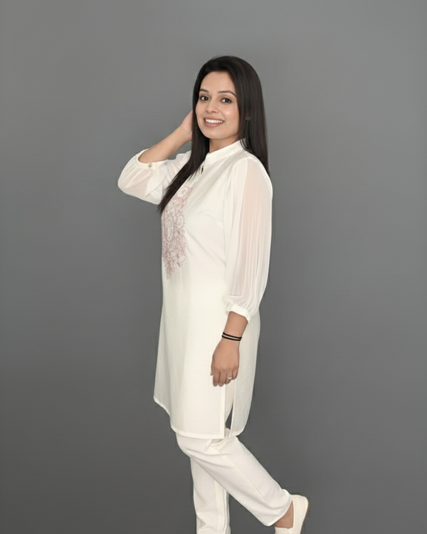 White Pastel Pink Thread Embroidered Kurti with Pants