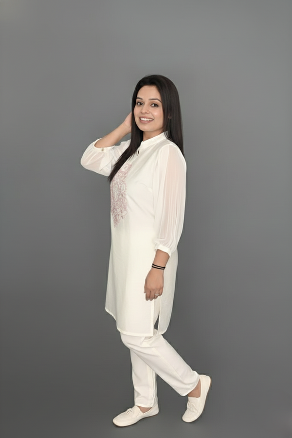 White Pastel Pink Thread Embroidered Kurti with Pants