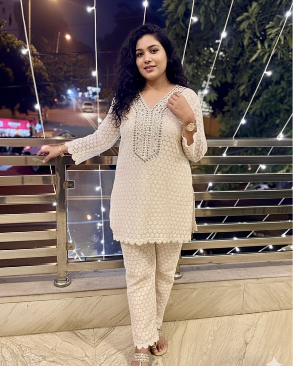 Ivory Chikankari-Inspired Lace (Kurta + Pants)