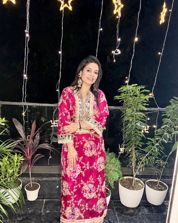 Rani Pink Mirror Work & Floral Embroidered Kurta Set