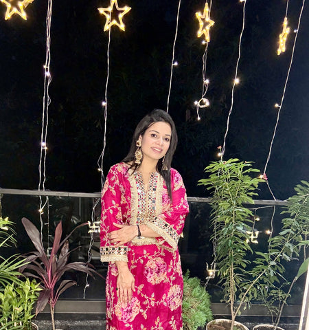 Rani Pink Mirror Work & Floral Embroidered Kurta Set