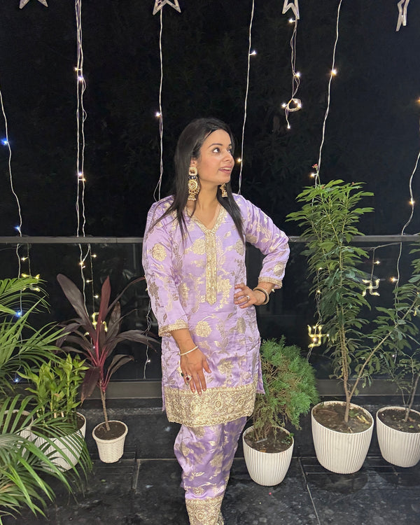 Lavender Zari Embroidered Kurta & Pant