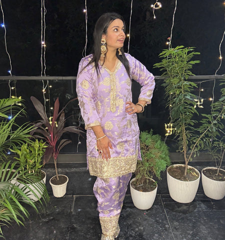 Lavender Zari Embroidered Kurta & Pant