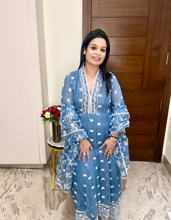 Blue Chikankari Embroidered Kurta & Pant Dupatta