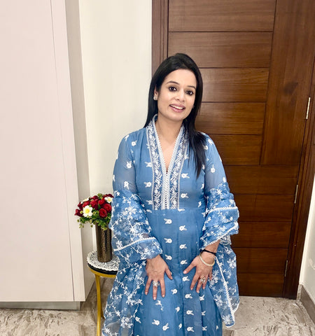 Blue Chikankari Embroidered Kurta & Pant Dupatta