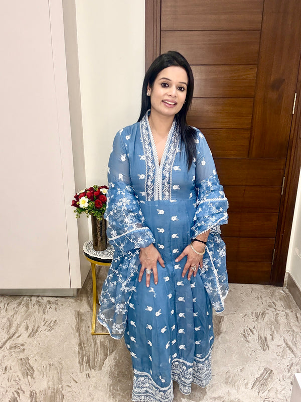 Blue Chikankari Embroidered Kurta & Pant Dupatta