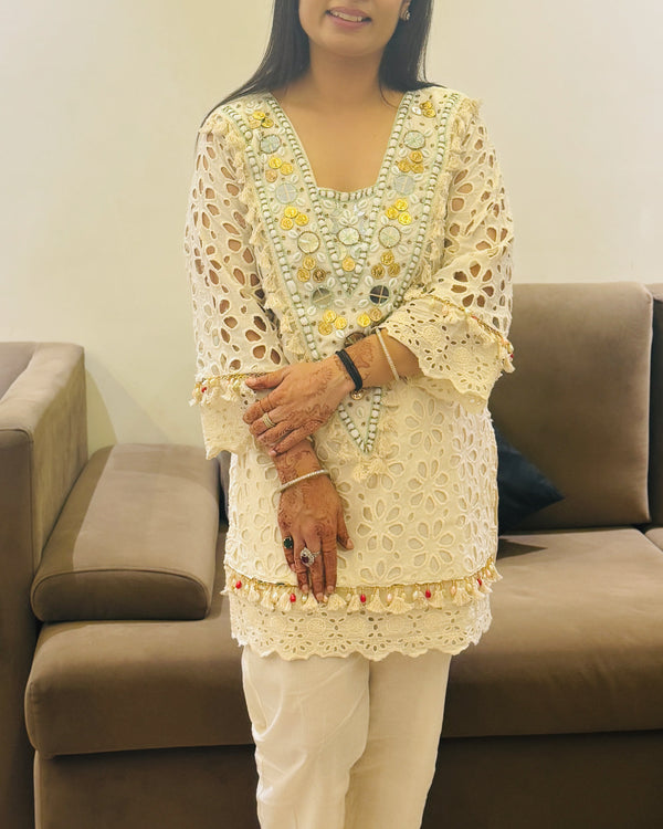 Ivory Mirror Work & Lace Schiffli