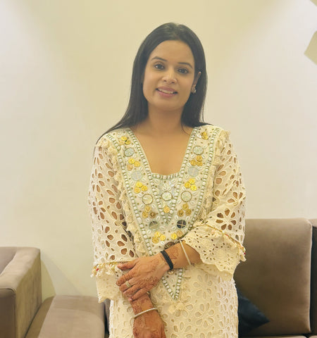 Ivory Mirror Work & Lace Schiffli