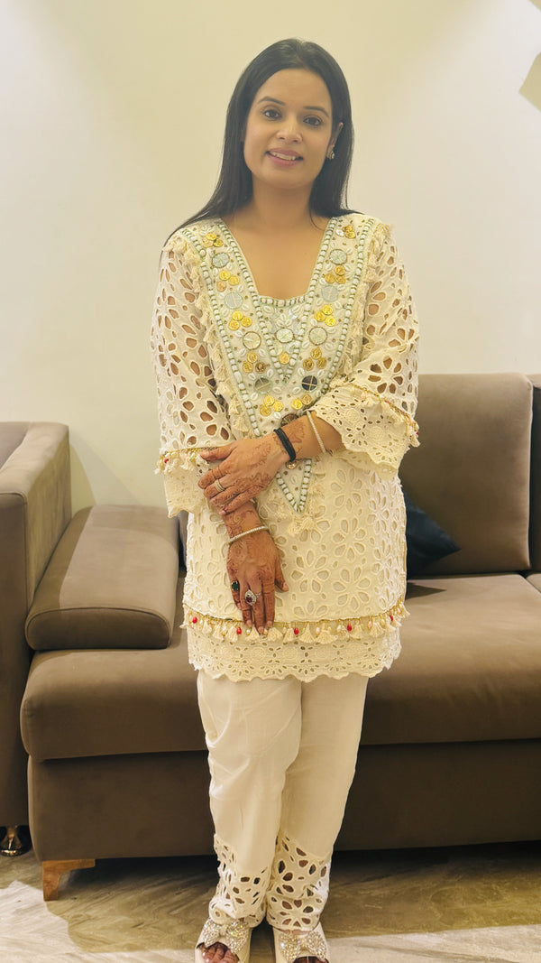 Ivory Mirror Work & Lace Schiffli