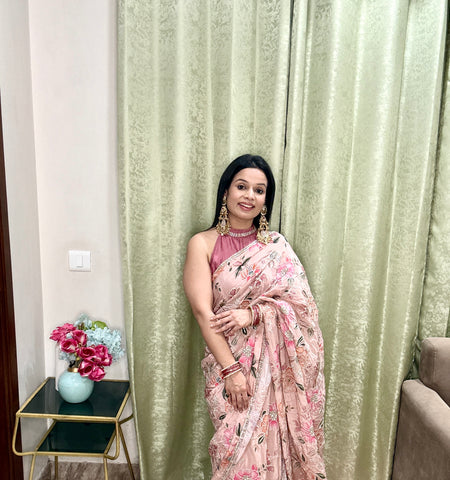Blush Pink Floral Embroidered Saree with Designer Halter Blouse