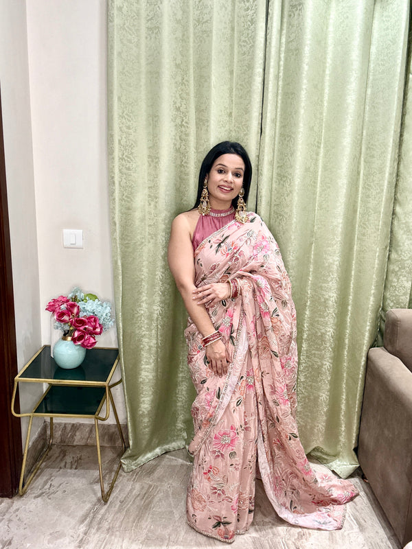 Blush Pink Floral Embroidered Saree with Designer Halter Blouse