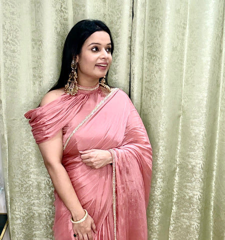 Peach Ombre Satin Saree with Designer One-Shoulder Blouse