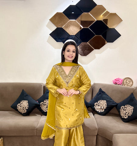 Yellow Cape-Style Embroidered Set for Women