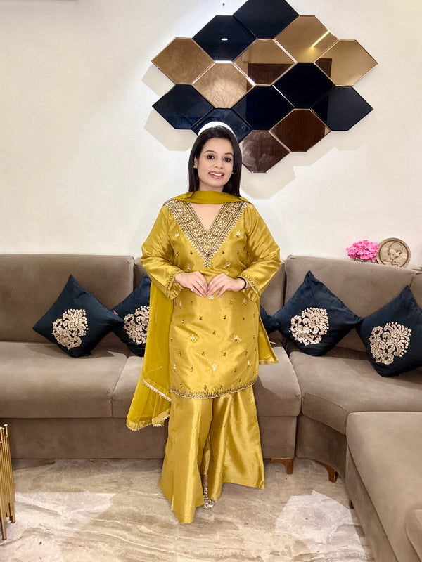 Yellow Cape-Style Embroidered Set for Women
