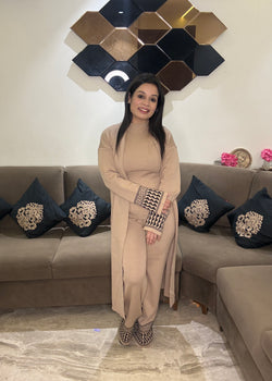 Beige Premium Knit Winter Long Shrug (3-Piece Set)