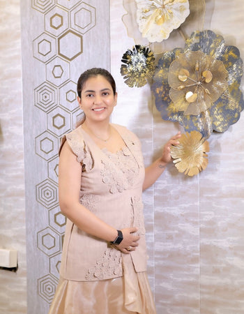 Beige Hand-Embroidered Peplum Top with Flared Skirt Set