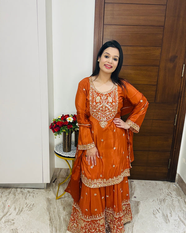 Rust Orange Silk Embroidered Sharara