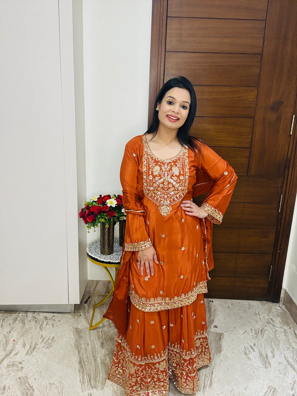 Rust Orange Silk Embroidered Sharara
