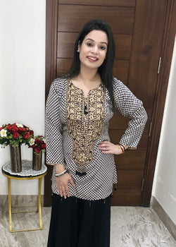 Black & Beige Printed Kurti with Palazzo Set – Elegant Indo-Fusion Wear