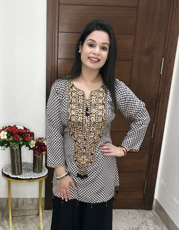 Black & Beige Printed Kurti with Palazzo Set – Elegant Indo-Fusion Wear