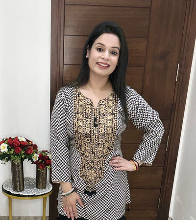 Black & Beige Printed Kurti with Palazzo Set – Elegant Indo-Fusion Wear