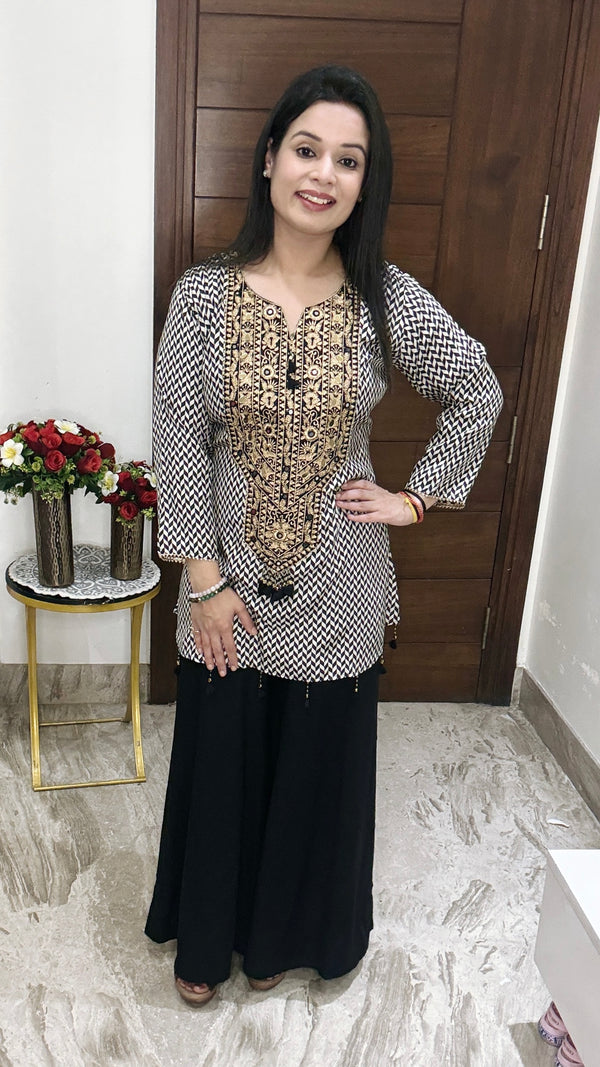 Black & Beige Printed Kurti with Palazzo Set – Elegant Indo-Fusion Wear