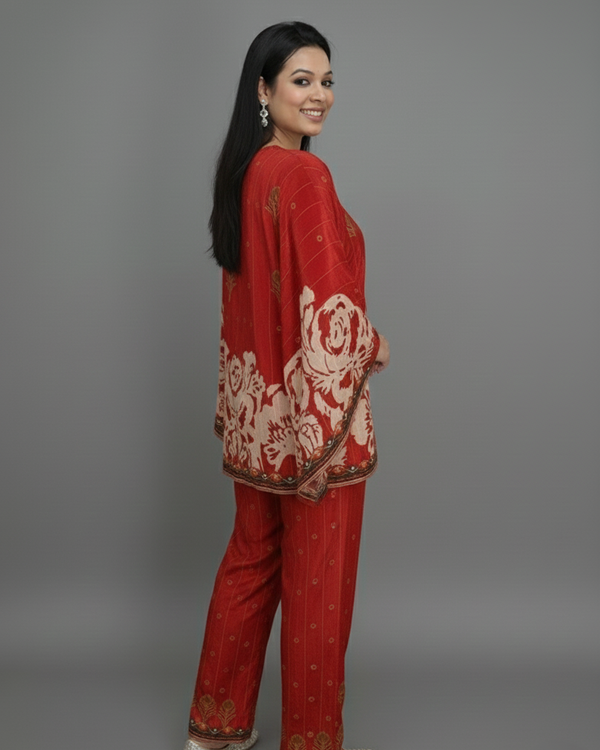 Red Velvet Hand-Embroidered Set for Women