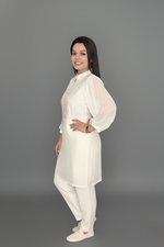 White Pastel Pink Thread Embroidered Kurti with Pants