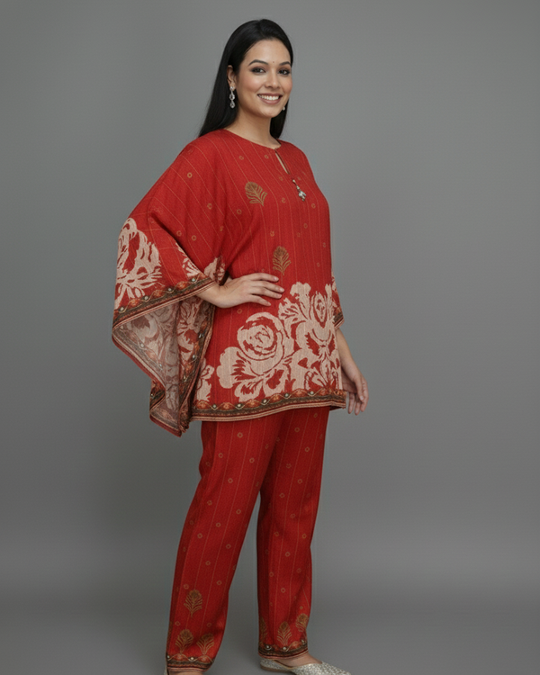 Red Velvet Hand-Embroidered Set for Women