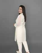 White Pastel Pink Thread Embroidered Kurti with Pants