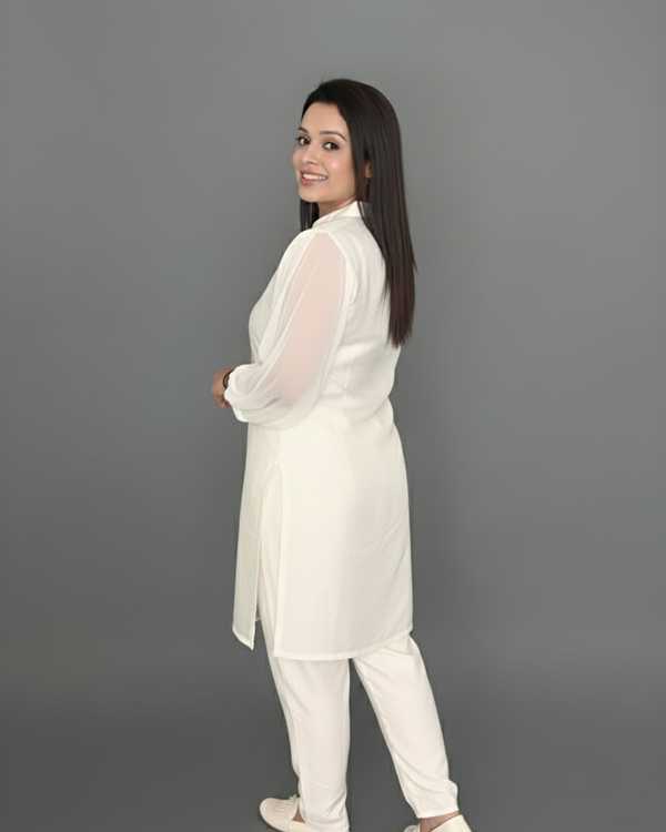 White Pastel Pink Thread Embroidered Kurti with Pants