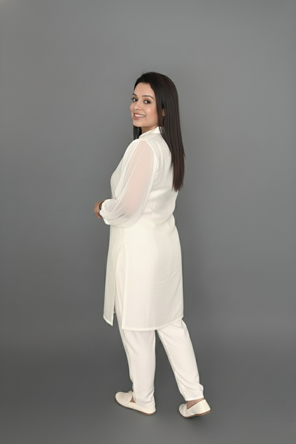 White Pastel Pink Thread Embroidered Kurti with Pants